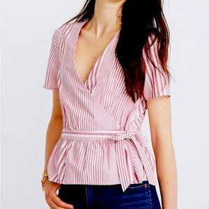 Madewell Pink Stripes Wrap Tied Ruffle Top Size Large